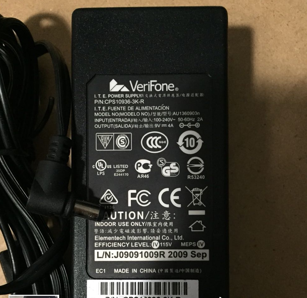 New VeriFone VX510 520 610 VX680 680T POS 9V 4A CPS10936-3K-R AC ADPATER POWER CHARGER